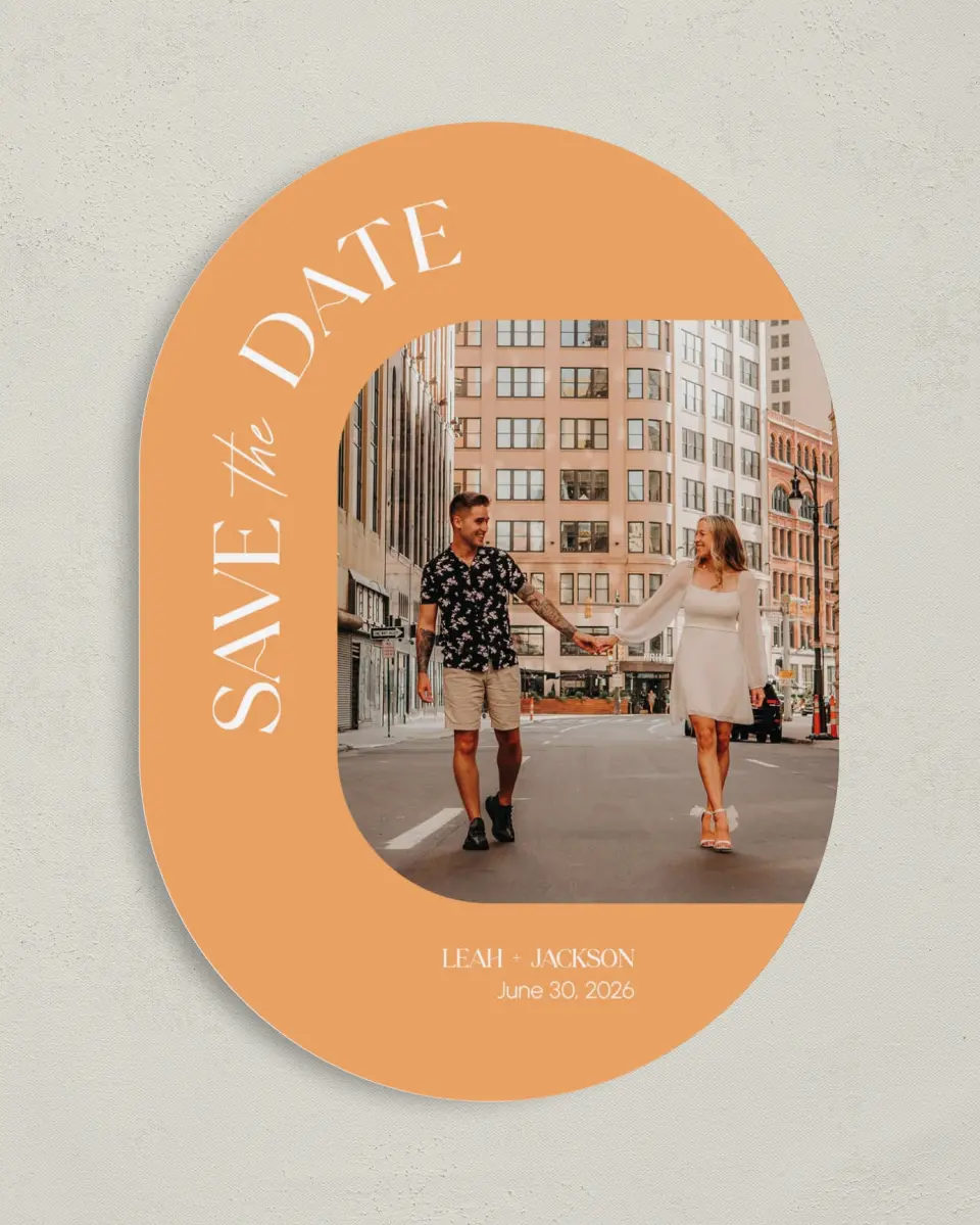 This is a 5" x 7" Save the Date Card called The Leah printed in full color on Premium Smooth paper