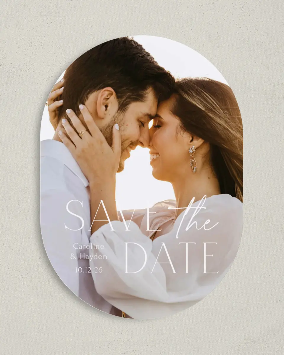 This is a 5" x 7" Save the Date Card called The Caroline printed in full color on Premium Smooth paper