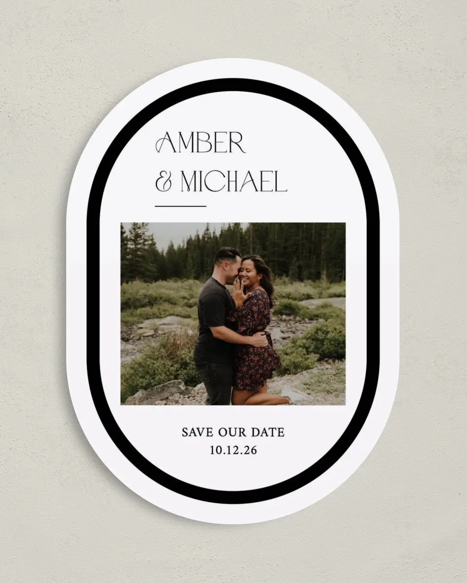This is a 5" x 7" Save the Date Card called The Amber printed in full color on Premium Smooth paper