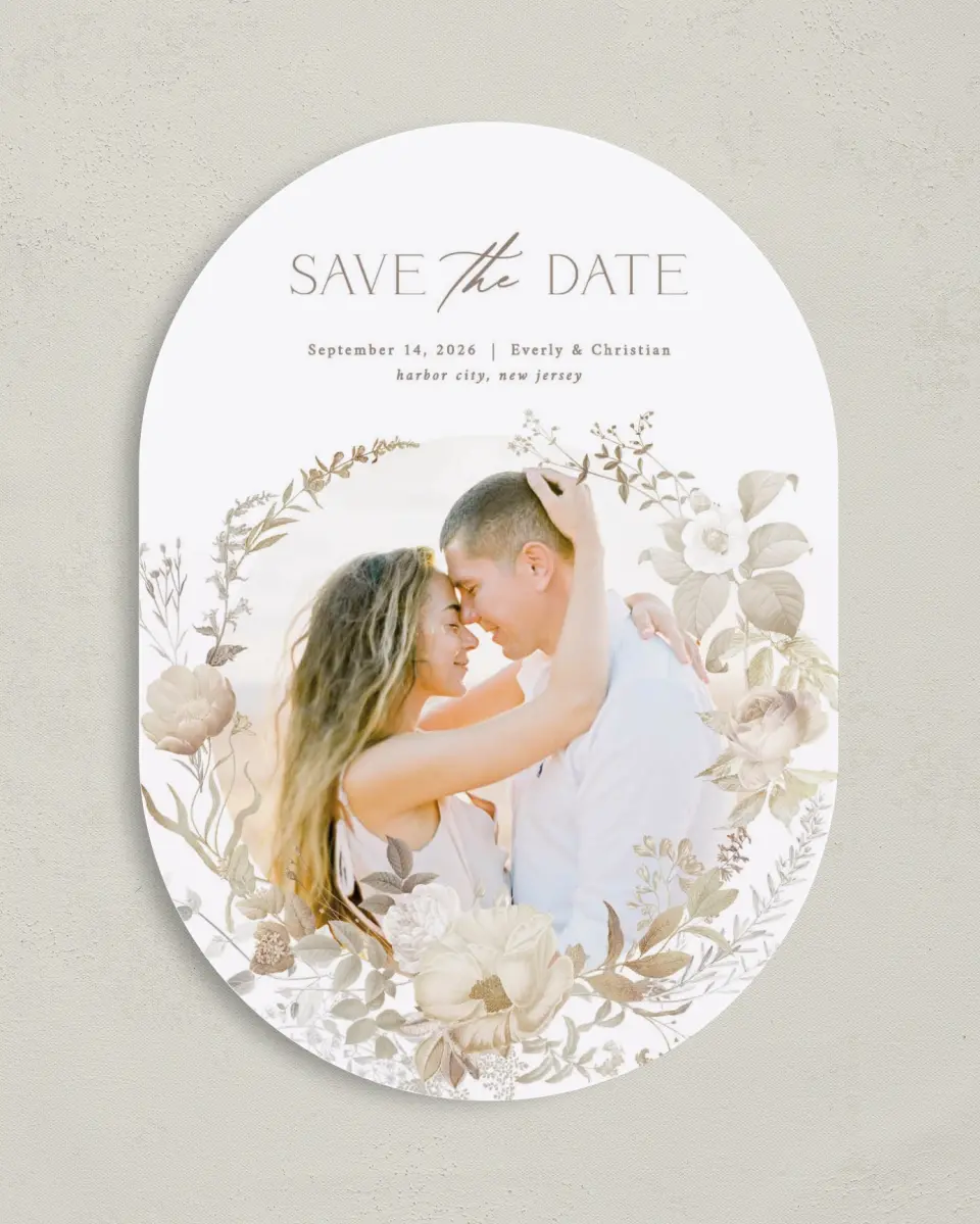This is a 5" x 7" Save the Date Card called The Everly printed in full color on Premium Smooth paper