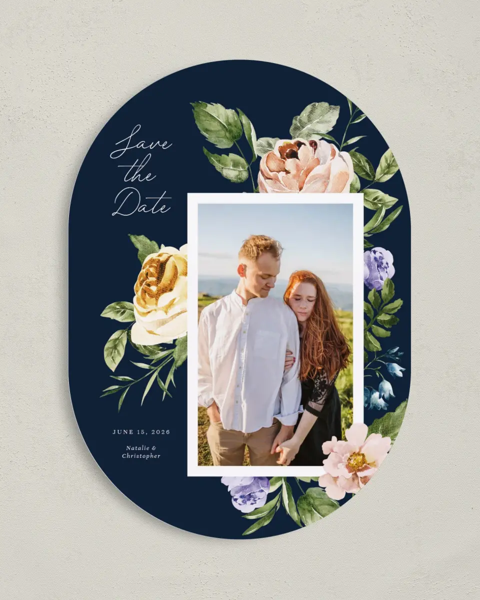 This is a 5" x 7" Save the Date Card called The Natalie printed in full color on Premium Smooth paper