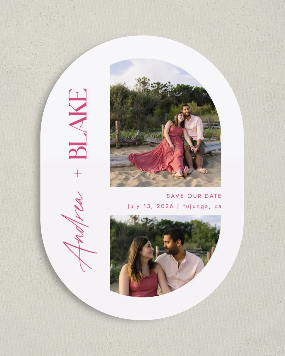 This is a 5" x 7" Save the Date Card called The Andrea printed in full color on Premium Smooth paper