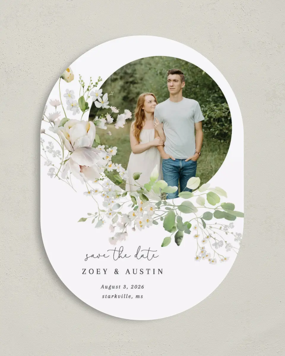 This is a 5" x 7" Save the Date Card called The Zoey printed in full color on Premium Smooth paper