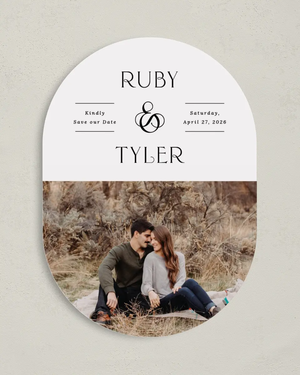 This is a 5" x 7" Save the Date Card called The Ruby printed in full color on Premium Smooth paper