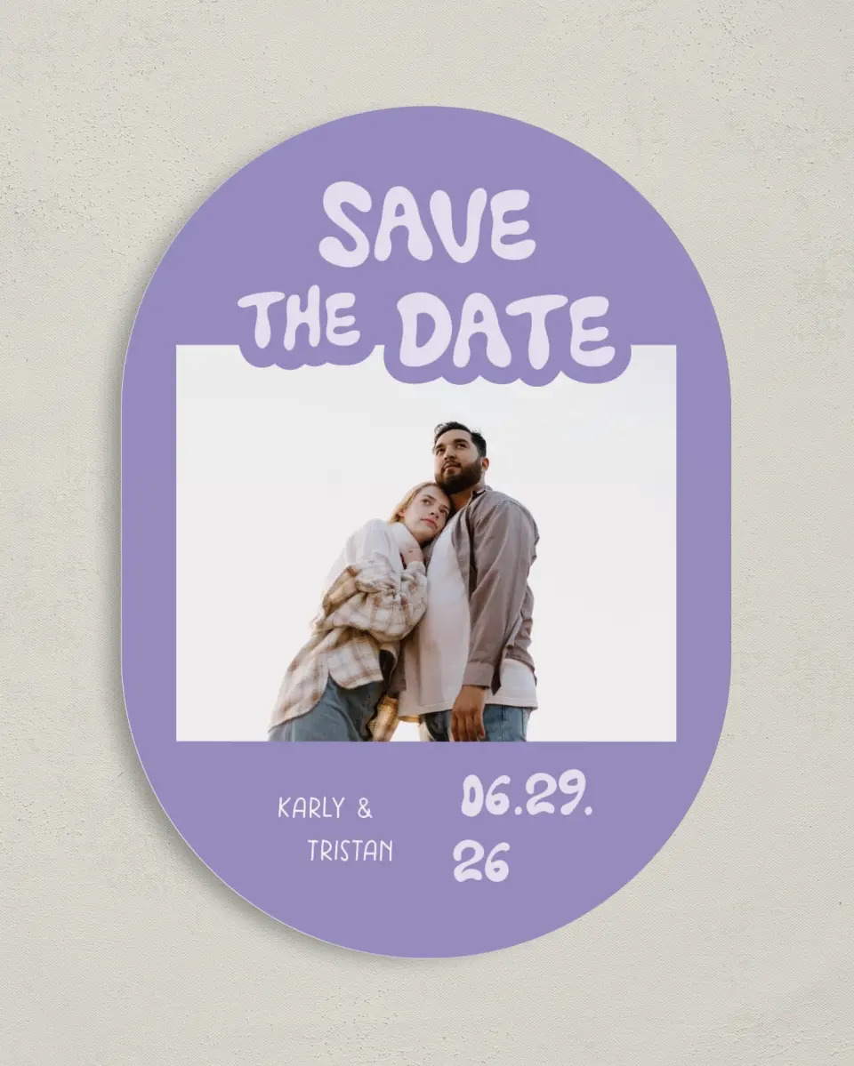 This is a 5" x 7" Save the Date Card called The Karly printed in full color on Premium Smooth paper
