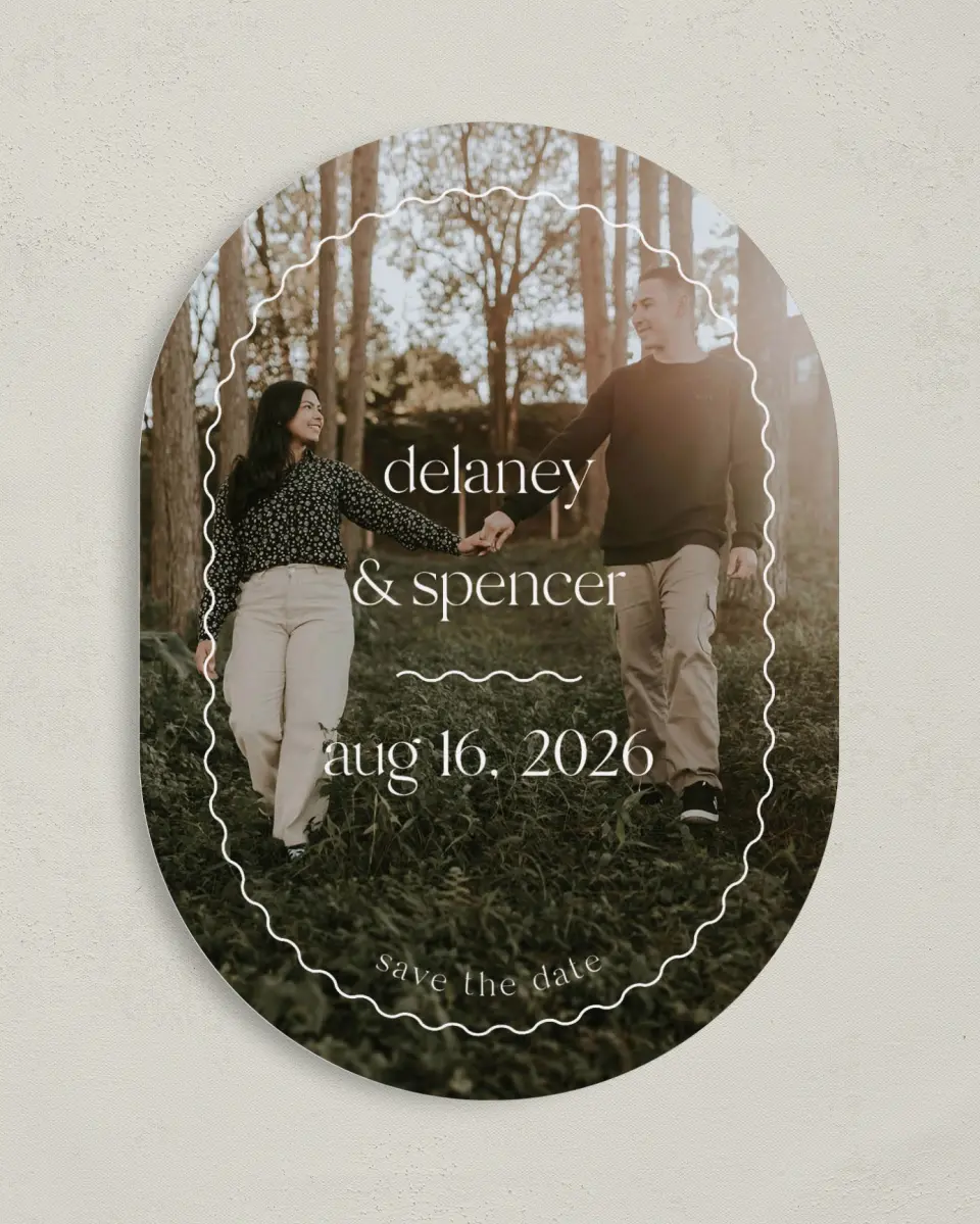 This is a 5" x 7" Save the Date Card called The Delaney printed in full color on Premium Smooth paper