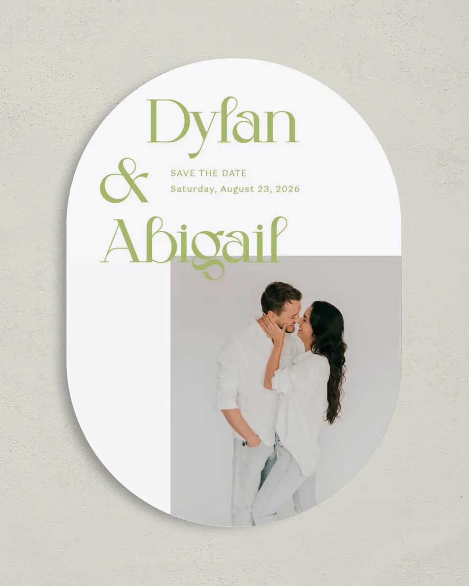 This is a 5" x 7" Save the Date Card called The Abigail printed in full color on Premium Smooth paper