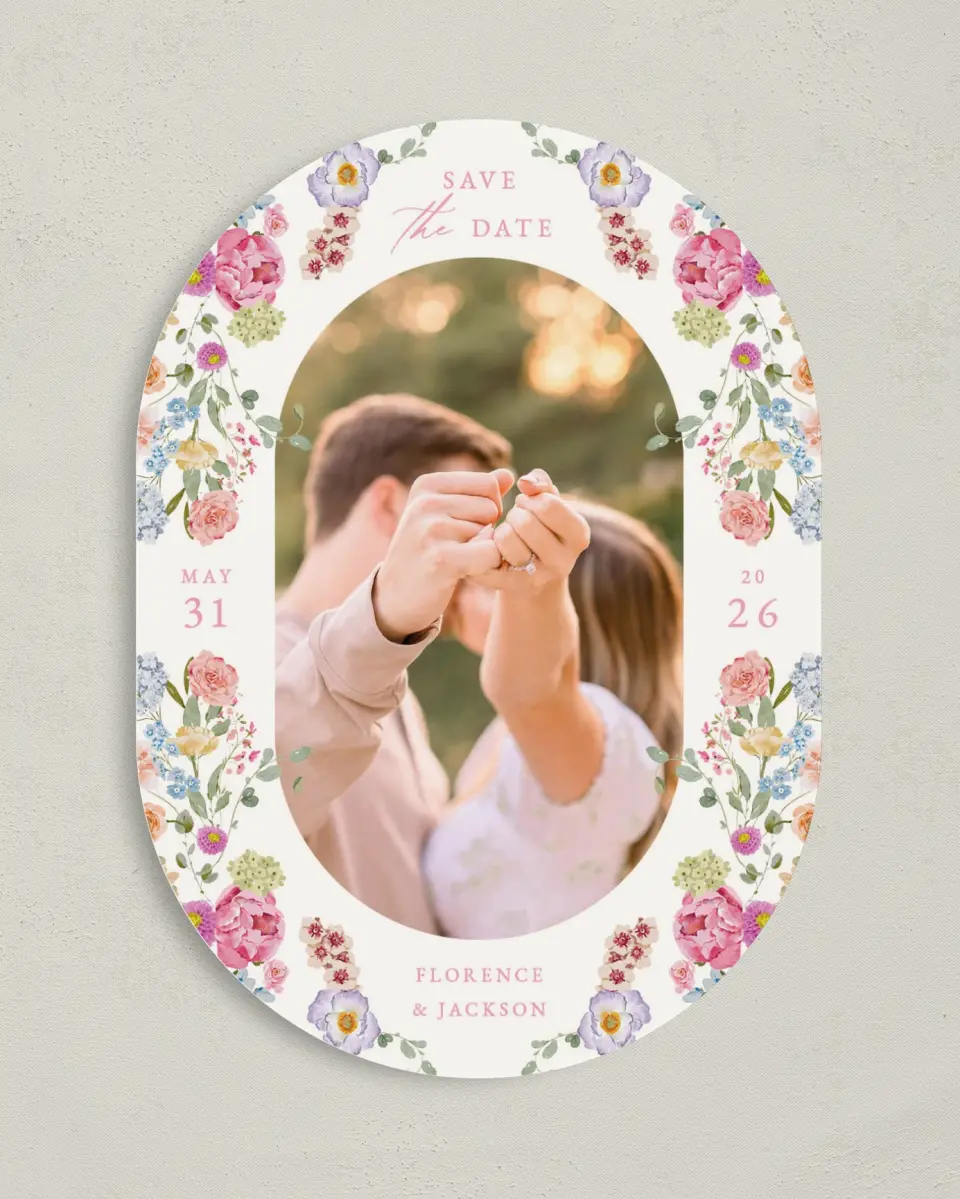 This is a 5" x 7" Save the Date Card called The Florence printed in full color on Premium Smooth paper