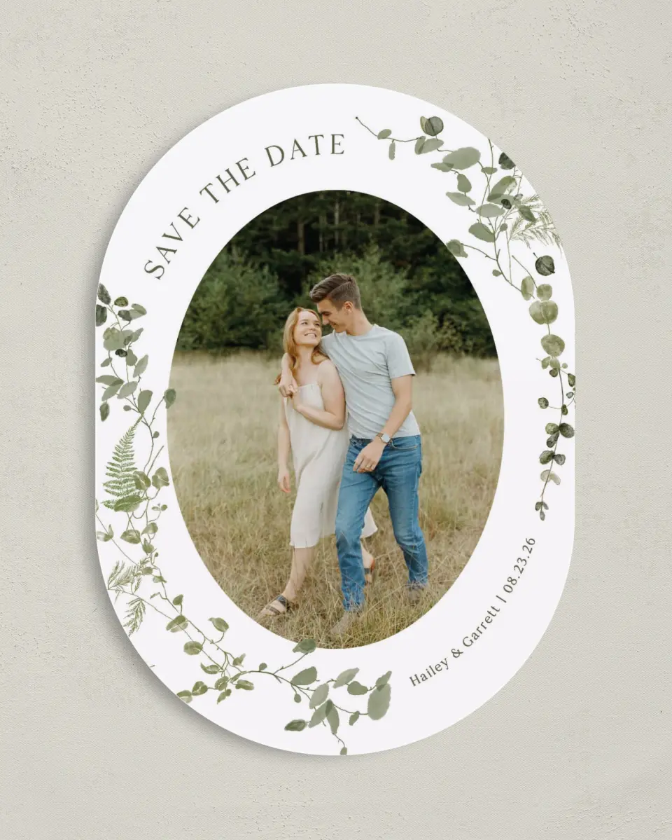This is a 5" x 7" Save the Date Card called The Hailey printed in full color on Premium Smooth paper