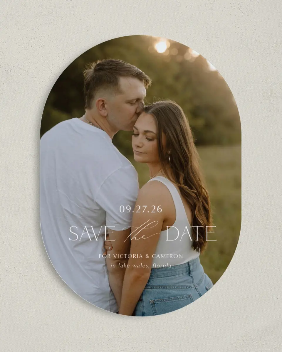 This is a 5" x 7" Save the Date Card called The Victoria printed in full color on Premium Smooth paper