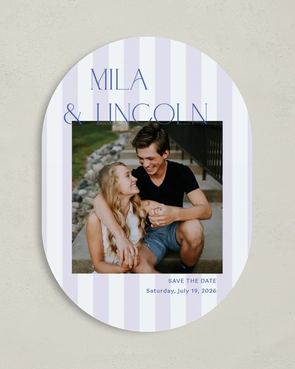 This is a 5" x 7" Save the Date Card called The Mila printed in full color on Premium Smooth paper