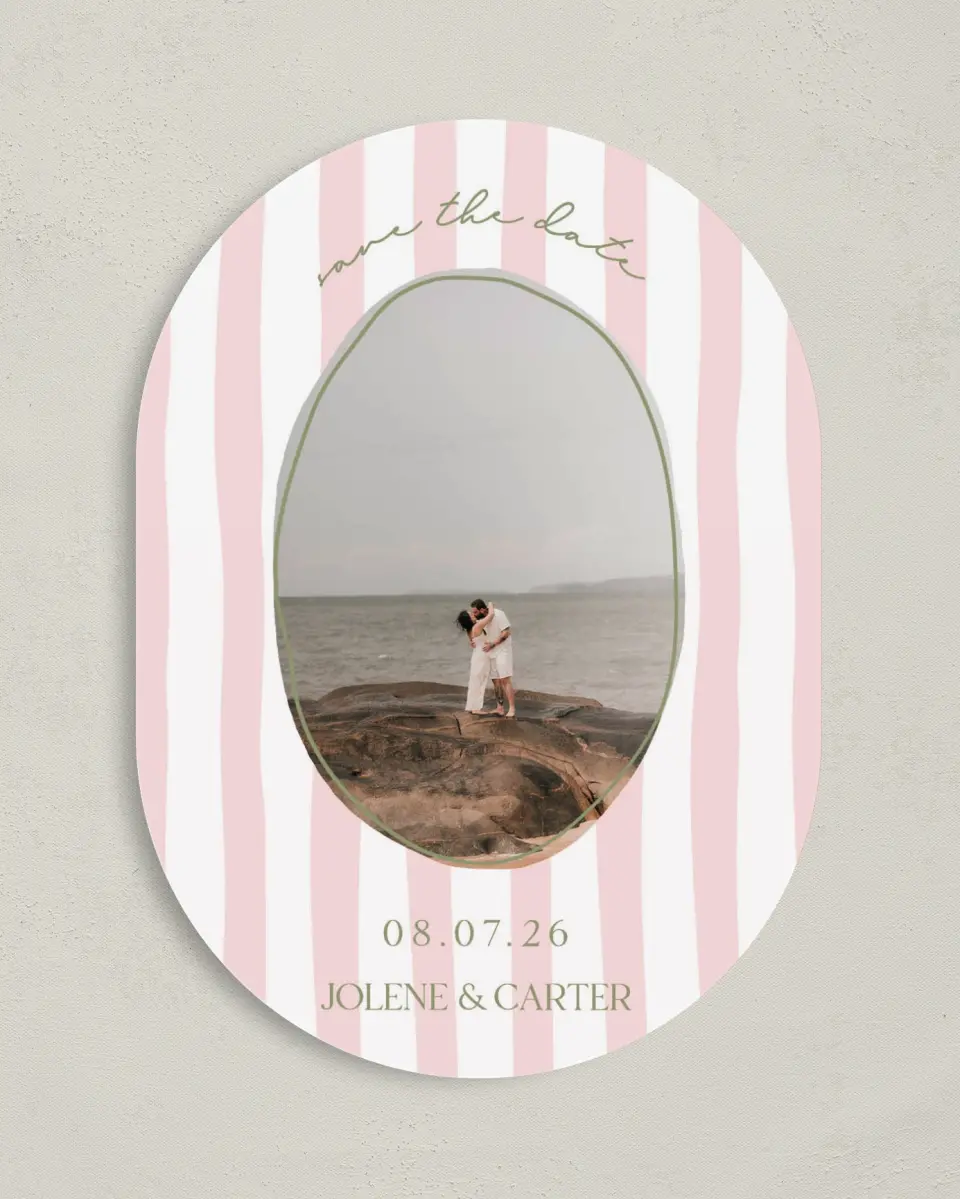 This is a 5" x 7" Save the Date Card called The Jolene printed in full color on Premium Smooth paper