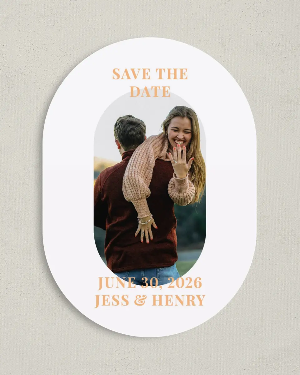 This is a 5" x 7" Save the Date Card called The Jess printed in full color on Premium Smooth paper