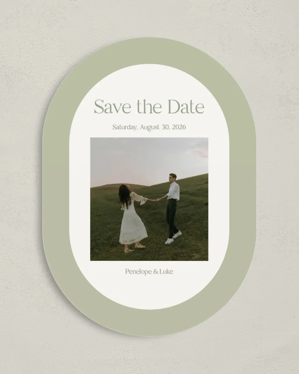 This is a 5" x 7" Save the Date Card called The Penelope printed in full color on Premium Smooth paper