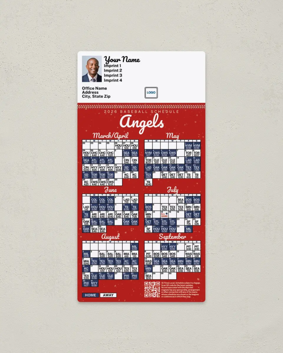 This is a 7" x 3½" Baseball Schedule Magnet called Angels printed in full color