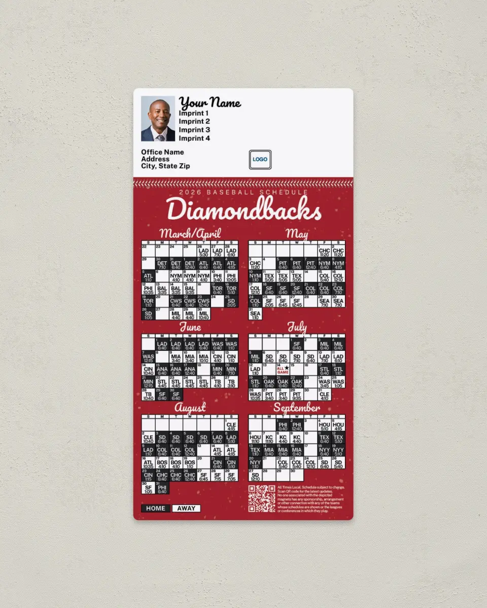 This is a 7" x 3½" Baseball Schedule Magnet called Diamondbacks printed in full color