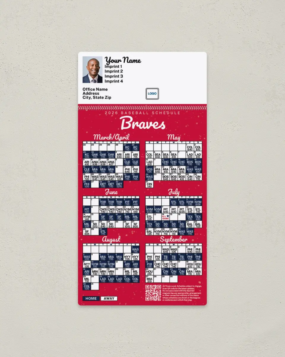 This is a 7" x 3½" Baseball Schedule Magnet called Braves printed in full color