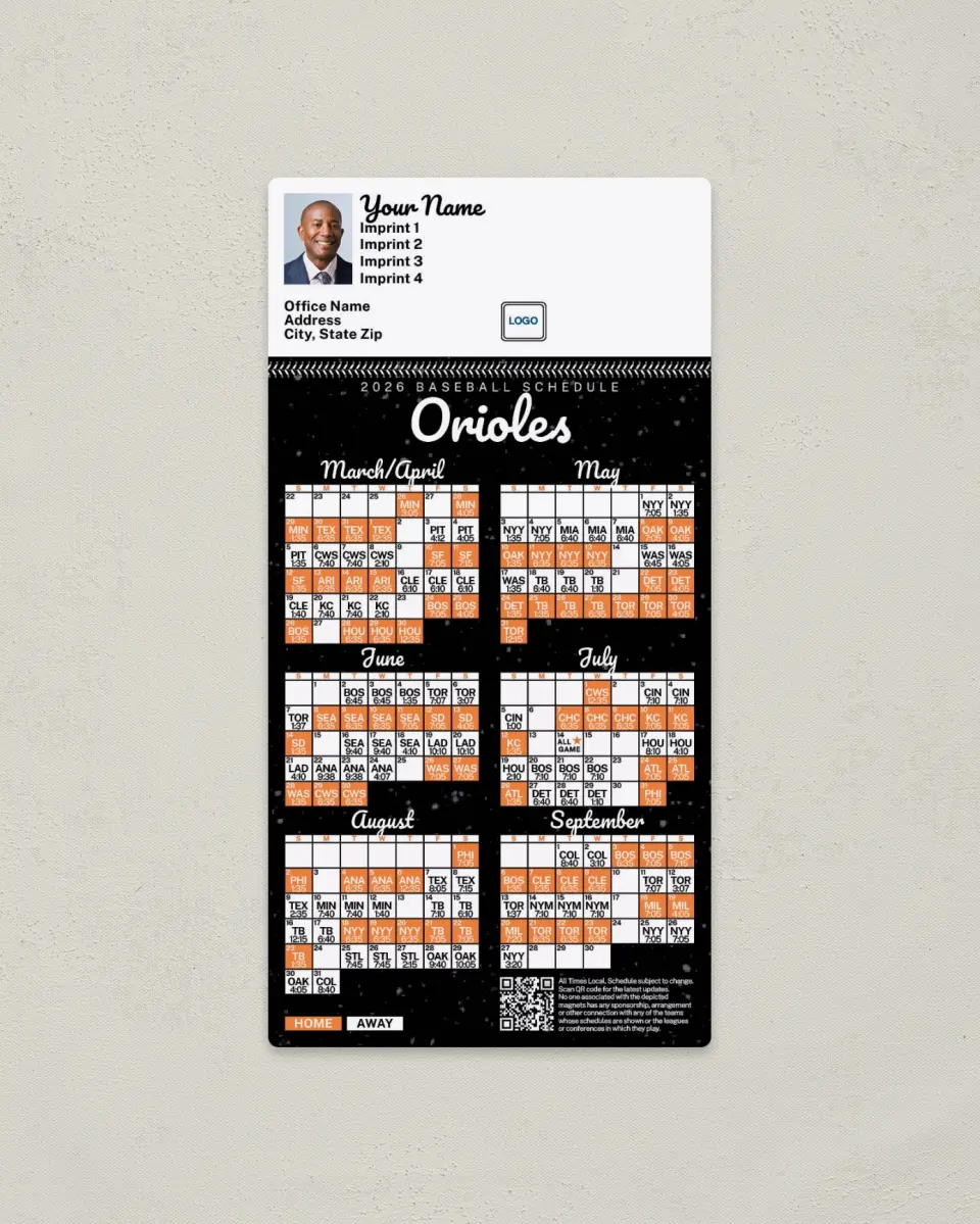 This is a 7" x 3½" Baseball Schedule Magnet called Orioles printed in full color