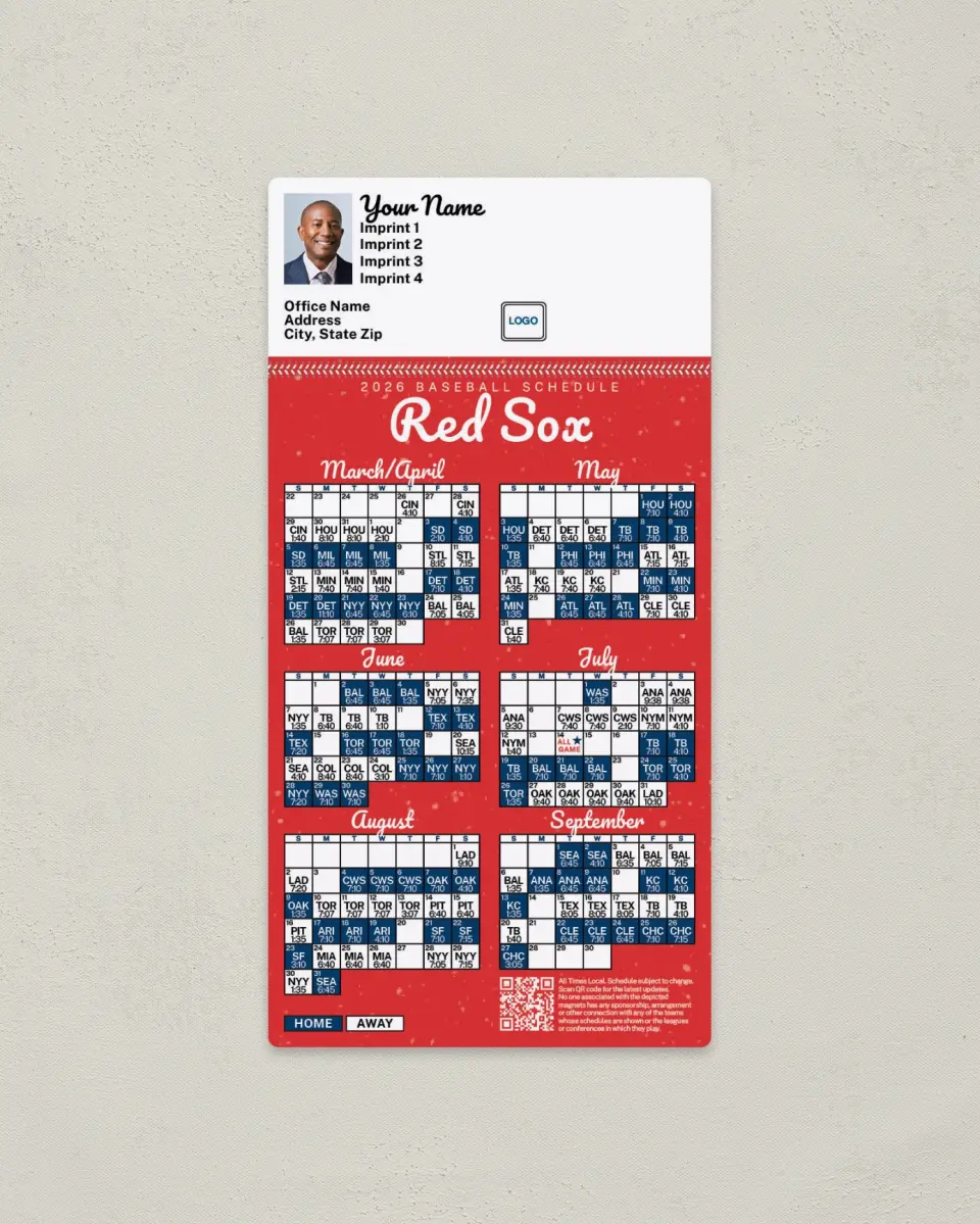 This is a 7" x 3½" Baseball Schedule Magnet called Red Sox printed in full color