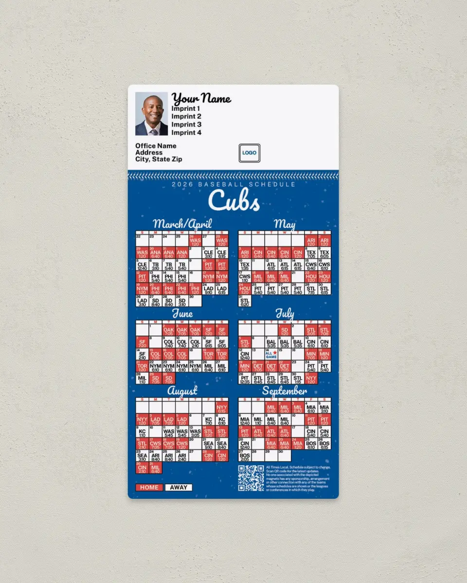 This is a 7" x 3½" Baseball Schedule Magnet called Cubs printed in full color