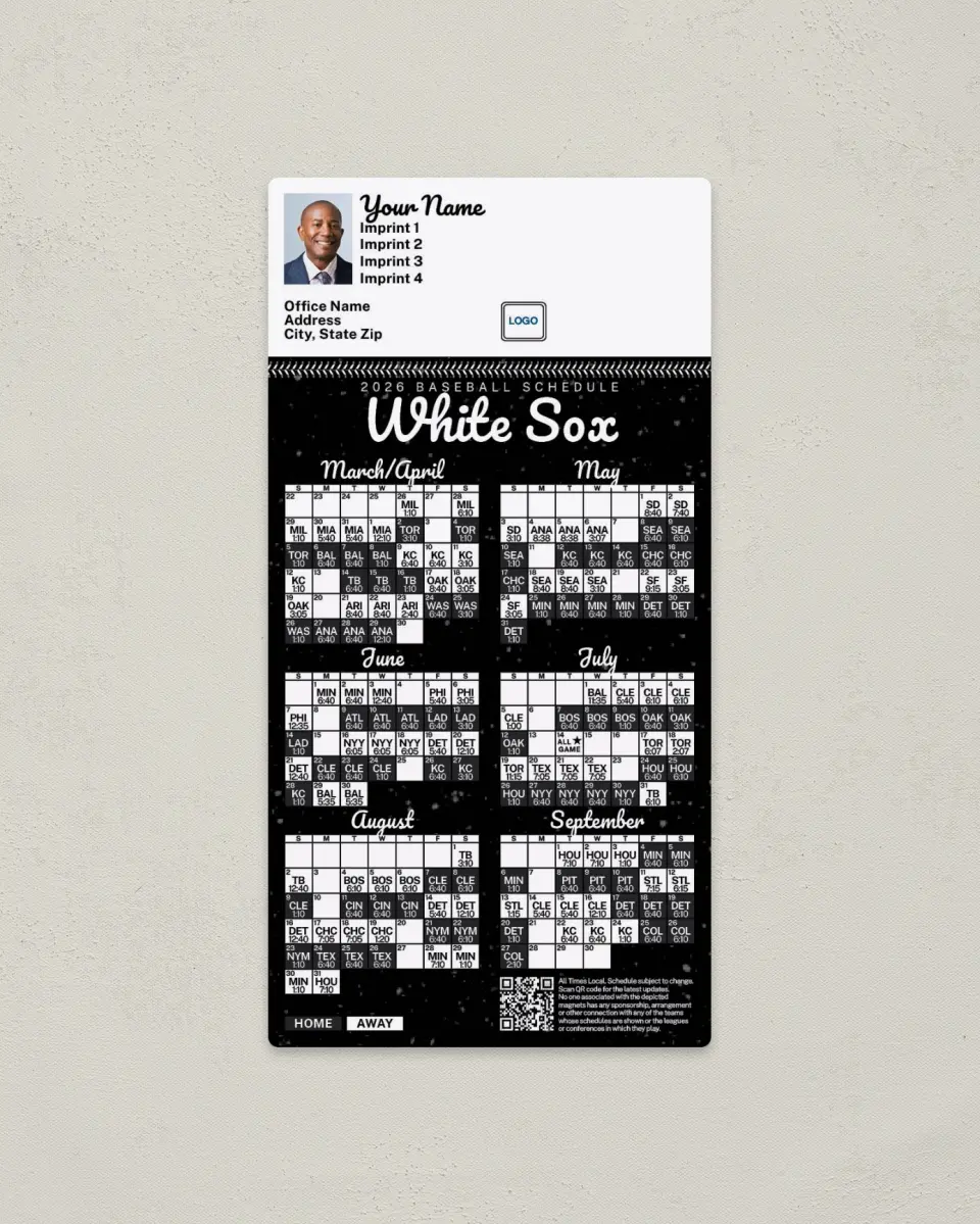 This is a 7" x 3½" Baseball Schedule Magnet called White Sox printed in full color