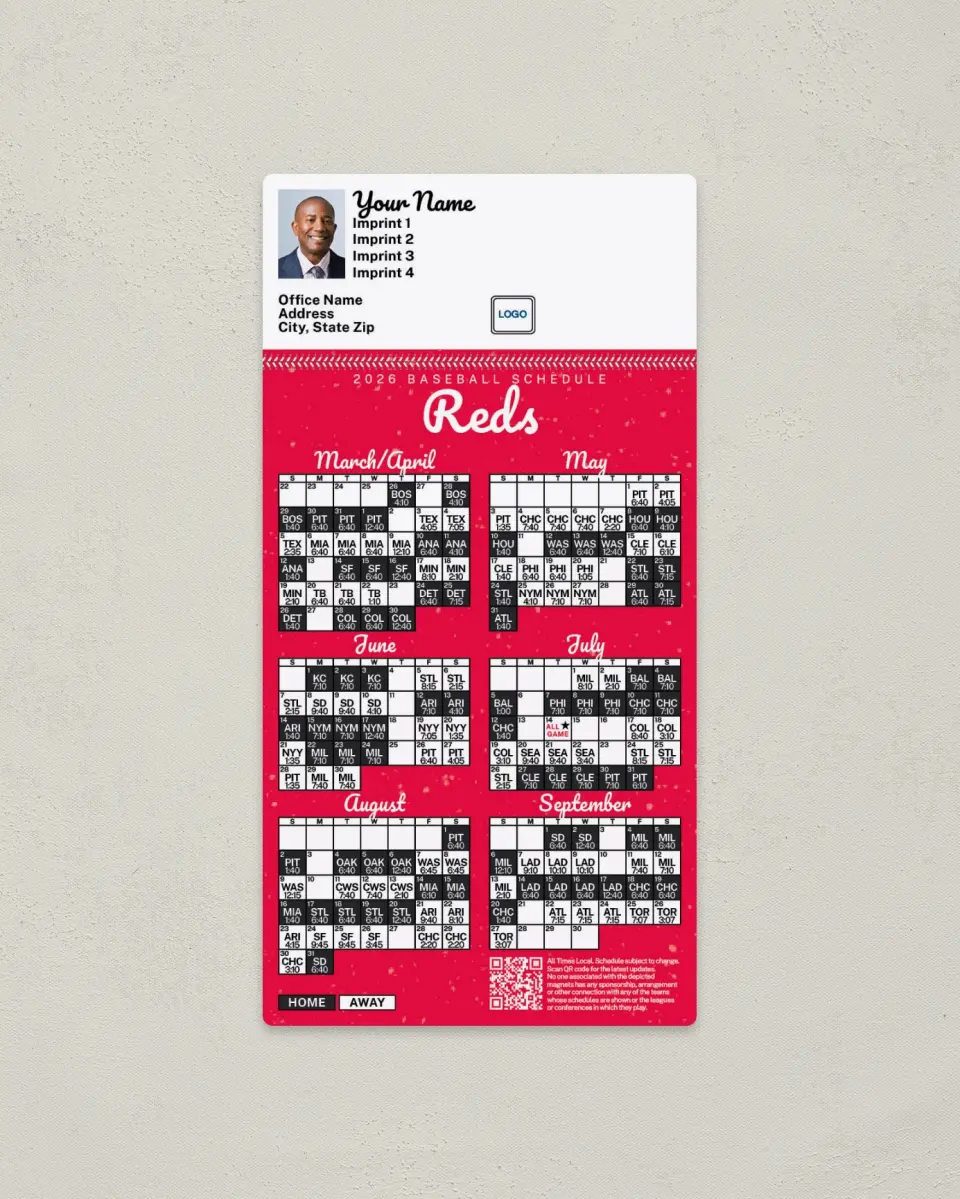 This is a 7" x 3½" Baseball Schedule Magnet called Reds printed in full color