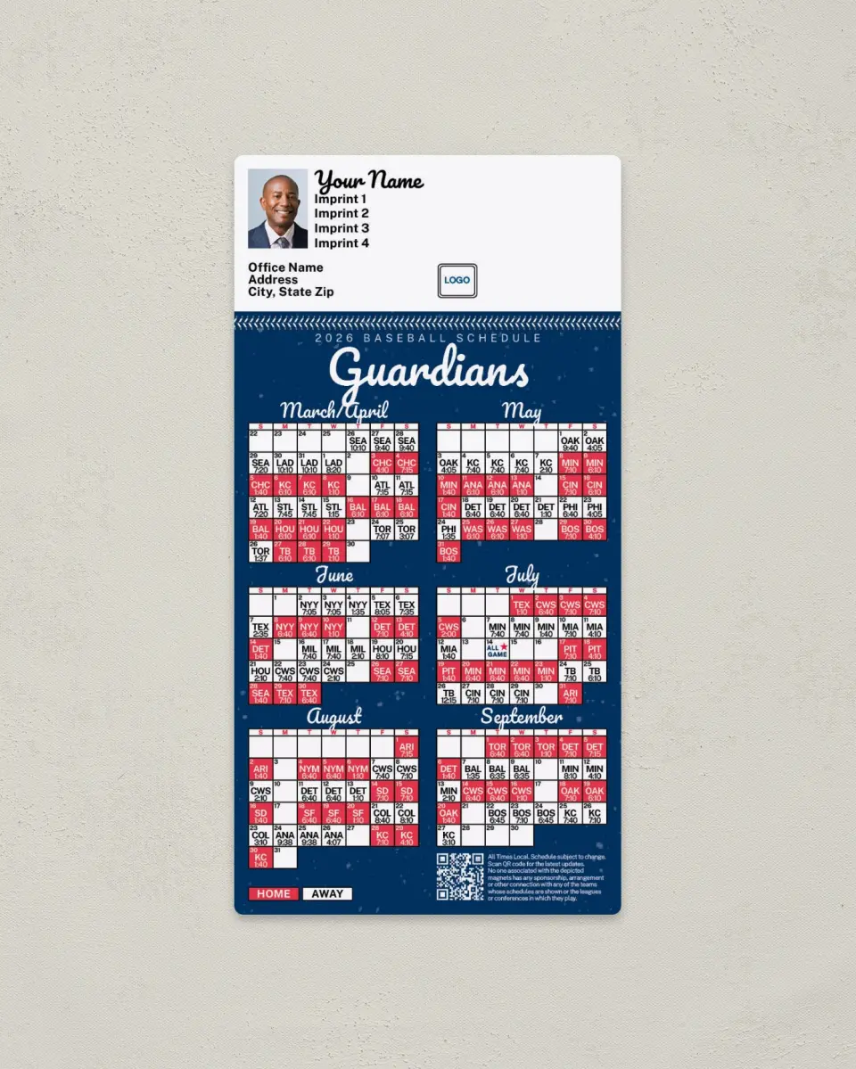 This is a 7" x 3½" Baseball Schedule Magnet called Guardians printed in full color