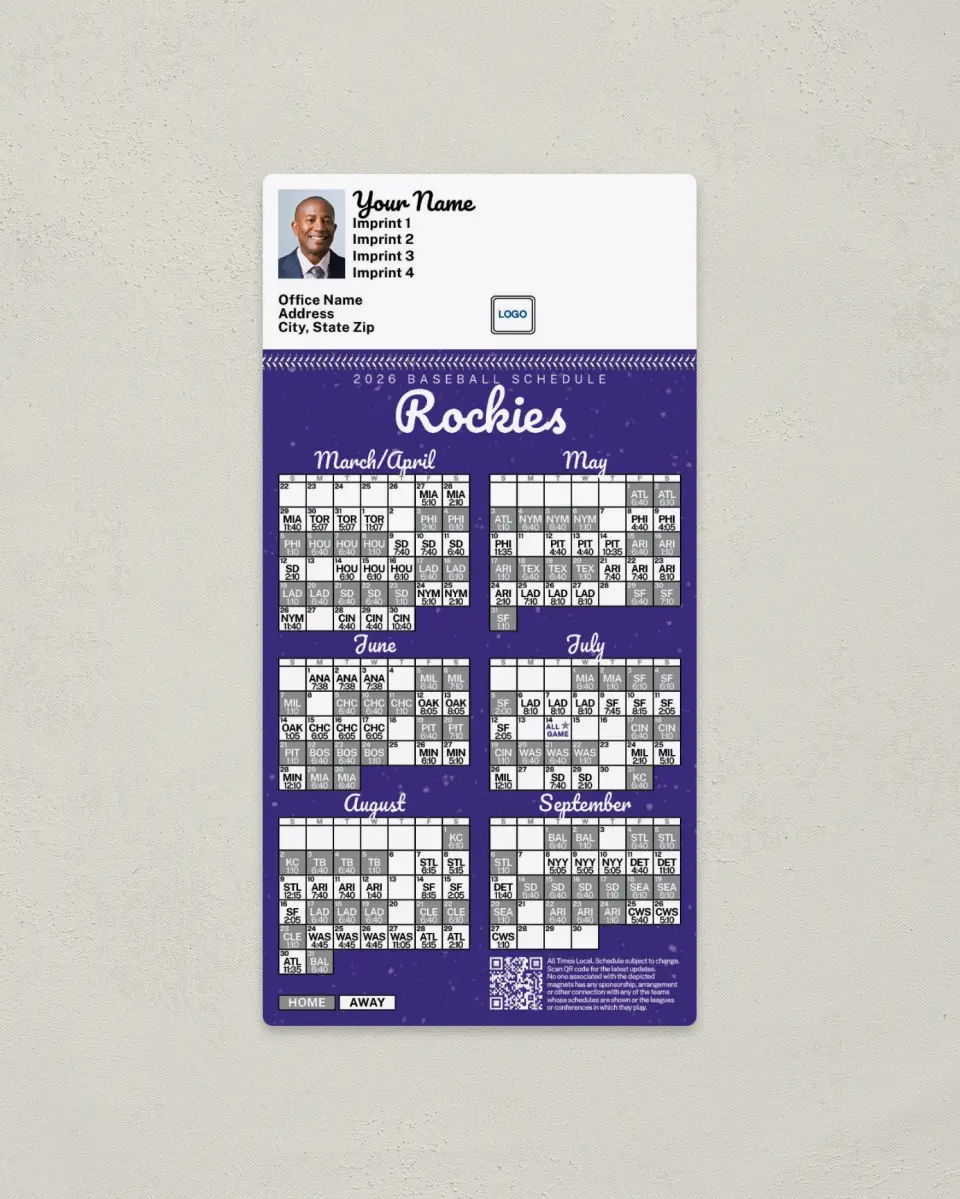 This is a 7" x 3½" Baseball Schedule Magnet called Rockies printed in full color