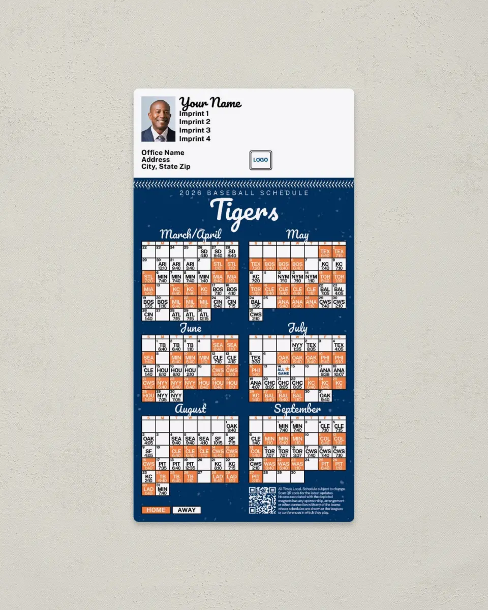 This is a 7" x 3½" Baseball Schedule Magnet called Tigers printed in full color
