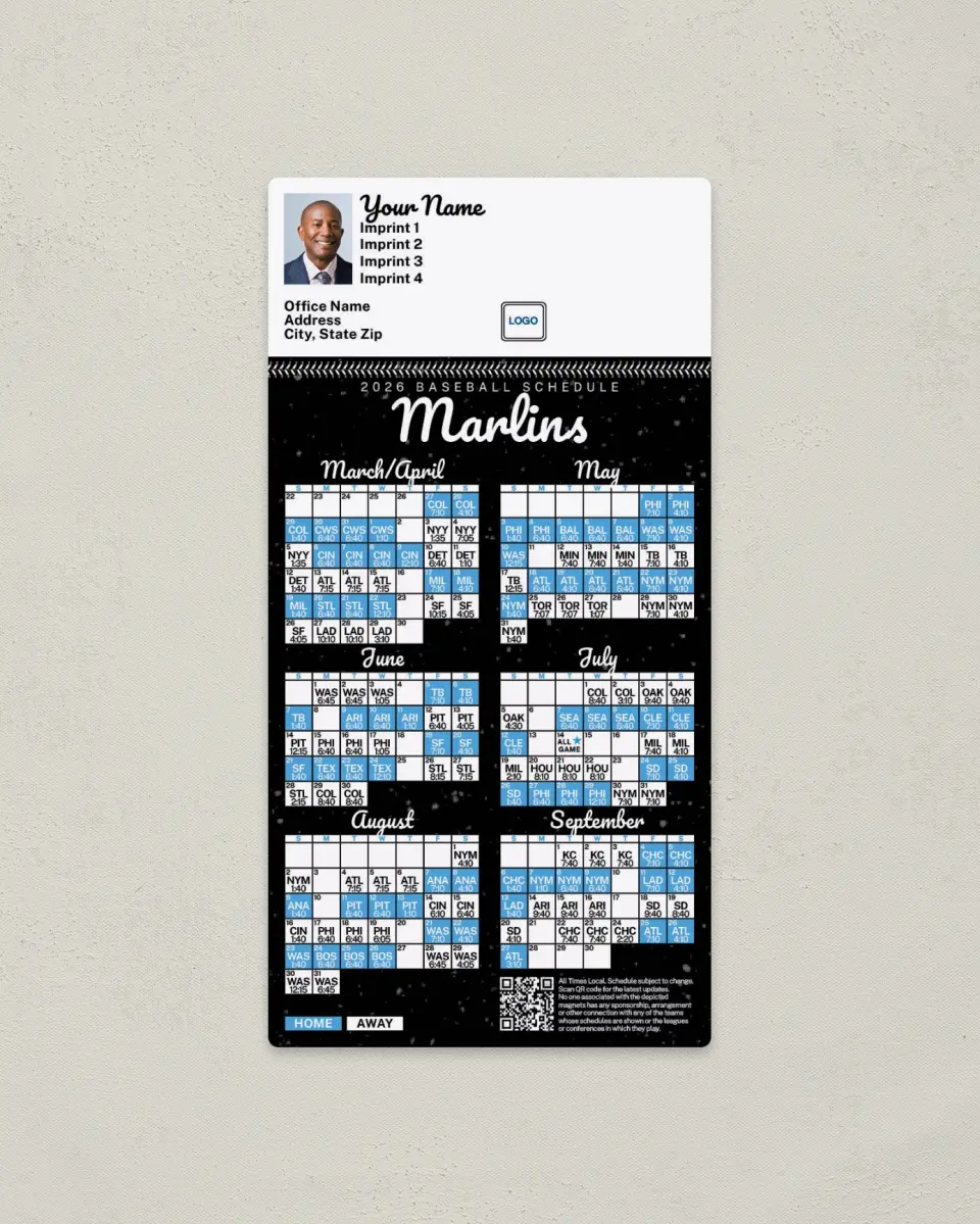 This is a 7" x 3½" Baseball Schedule Magnet called Marlins printed in full color