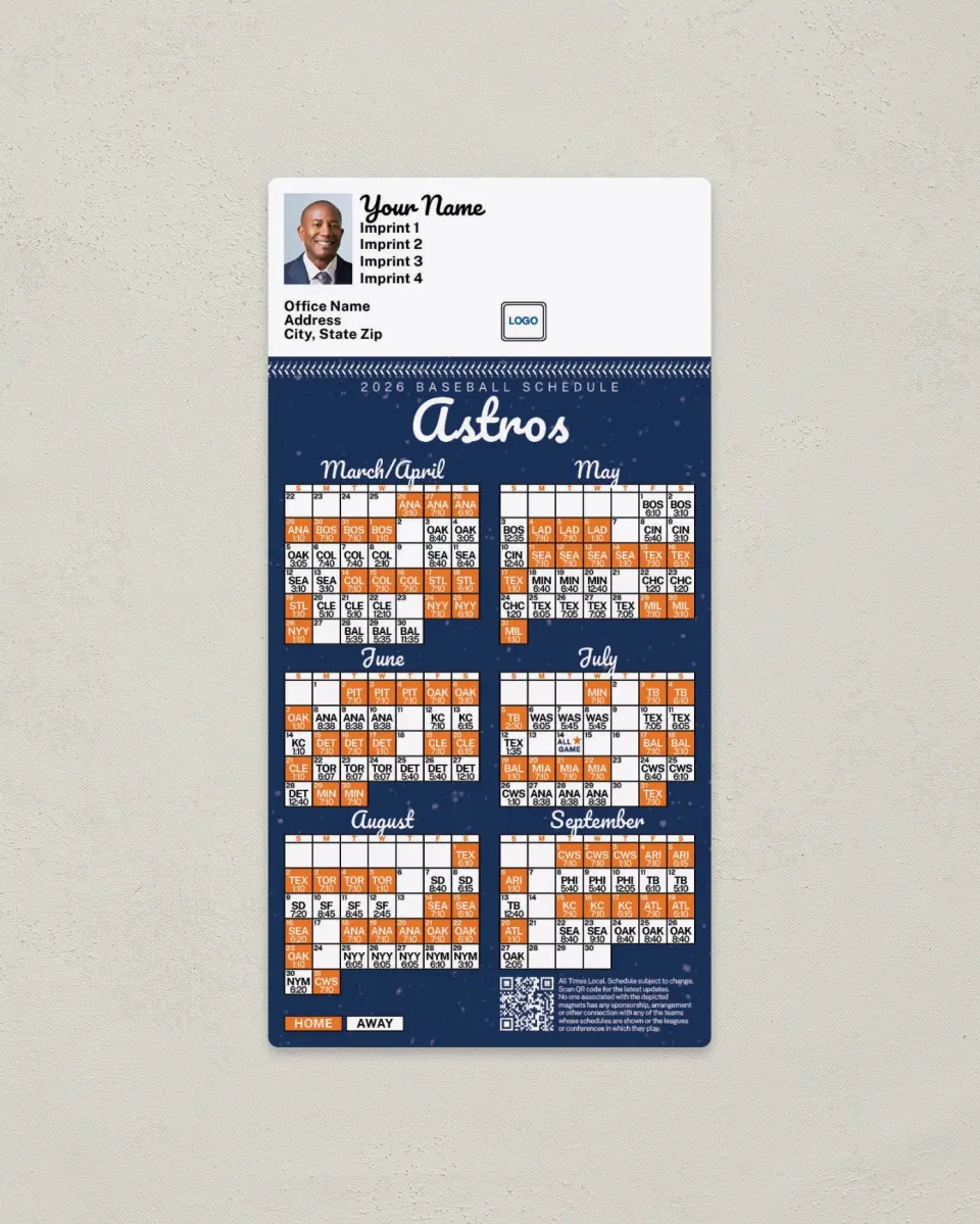 This is a 7" x 3½" Baseball Schedule Magnet called Astros printed in full color