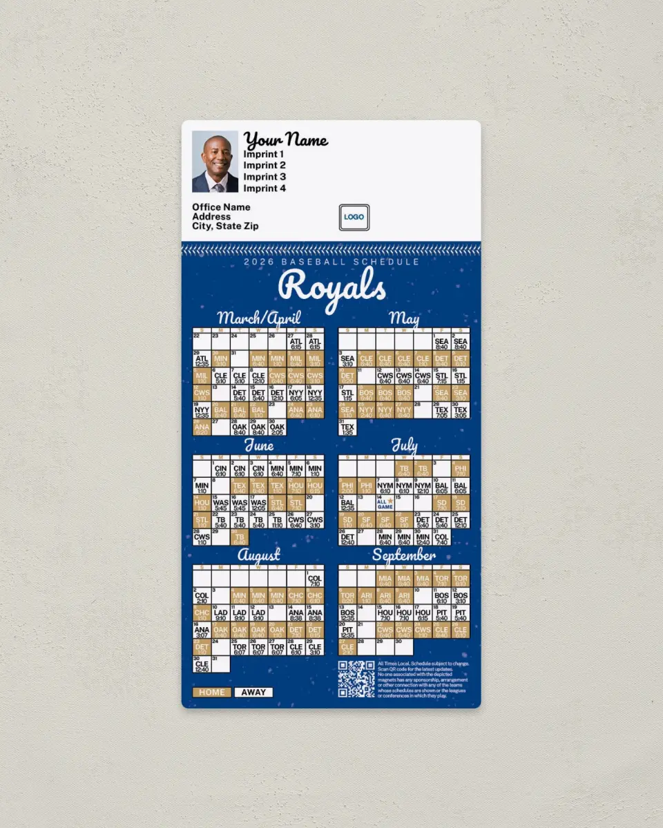 This is a 7" x 3½" Baseball Schedule Magnet called Royals printed in full color