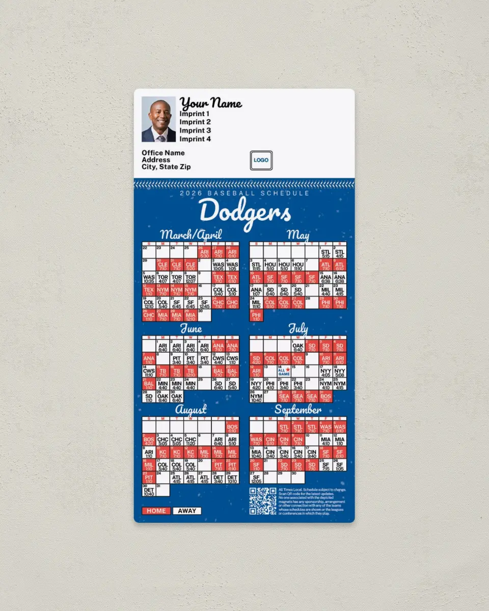 This is a 7" x 3½" Baseball Schedule Magnet called Dodgers printed in full color