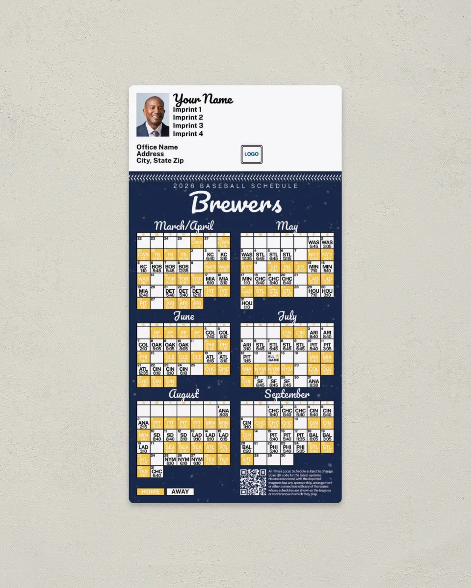This is a 7" x 3½" Baseball Schedule Magnet called Brewers printed in full color