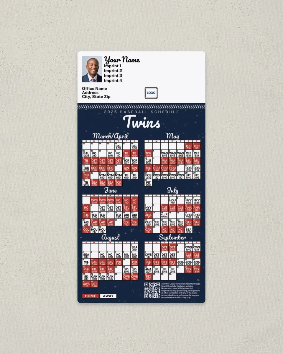 This is a 7" x 3½" Baseball Schedule Magnet called Twins printed in full color