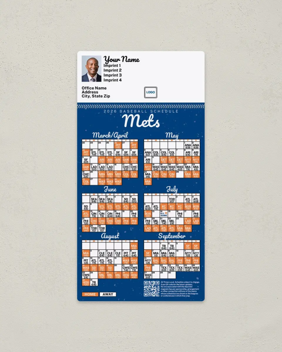 This is a 7" x 3½" Baseball Schedule Magnet called Mets printed in full color