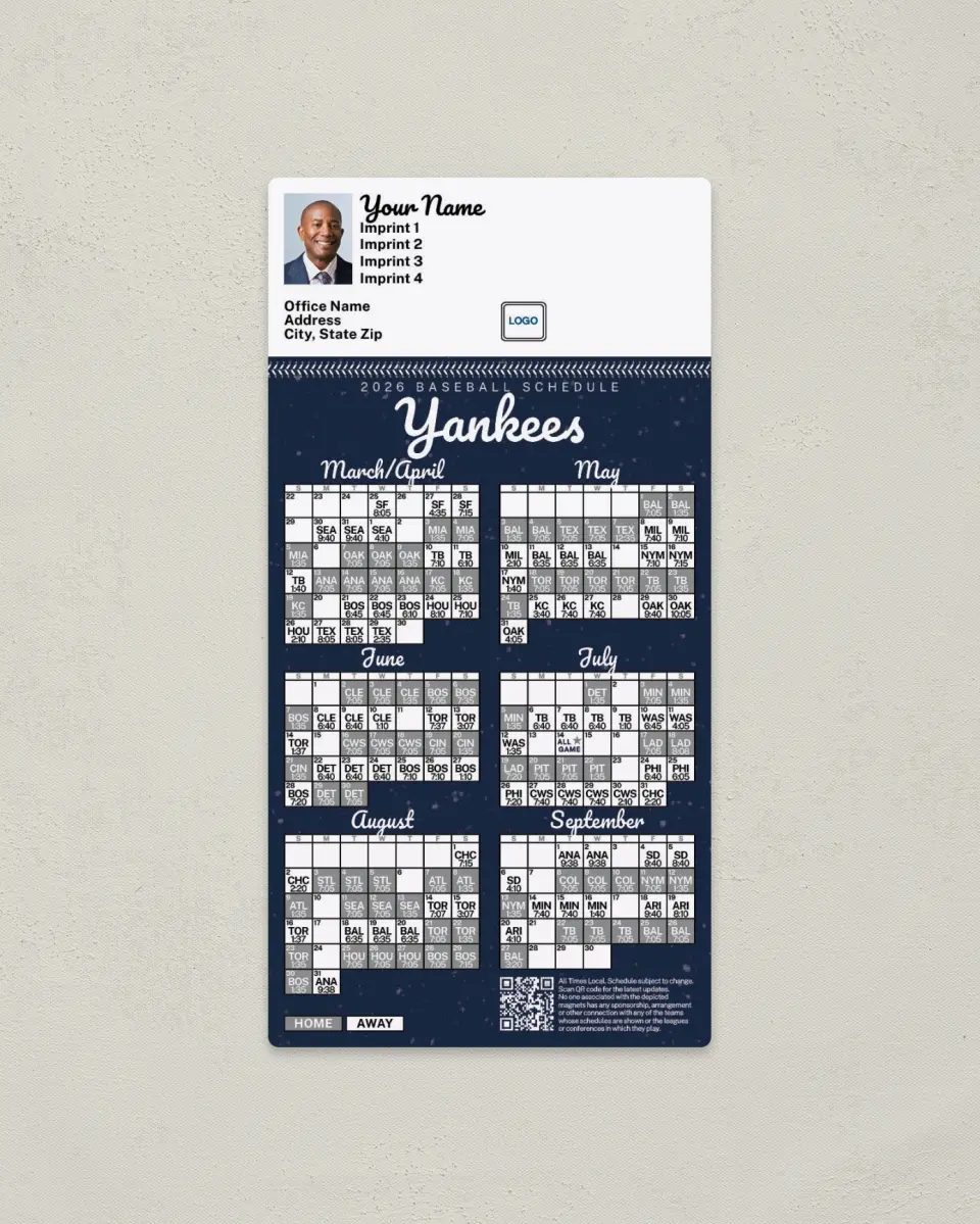 This is a 7" x 3½" Baseball Schedule Magnet called Yankees printed in full color
