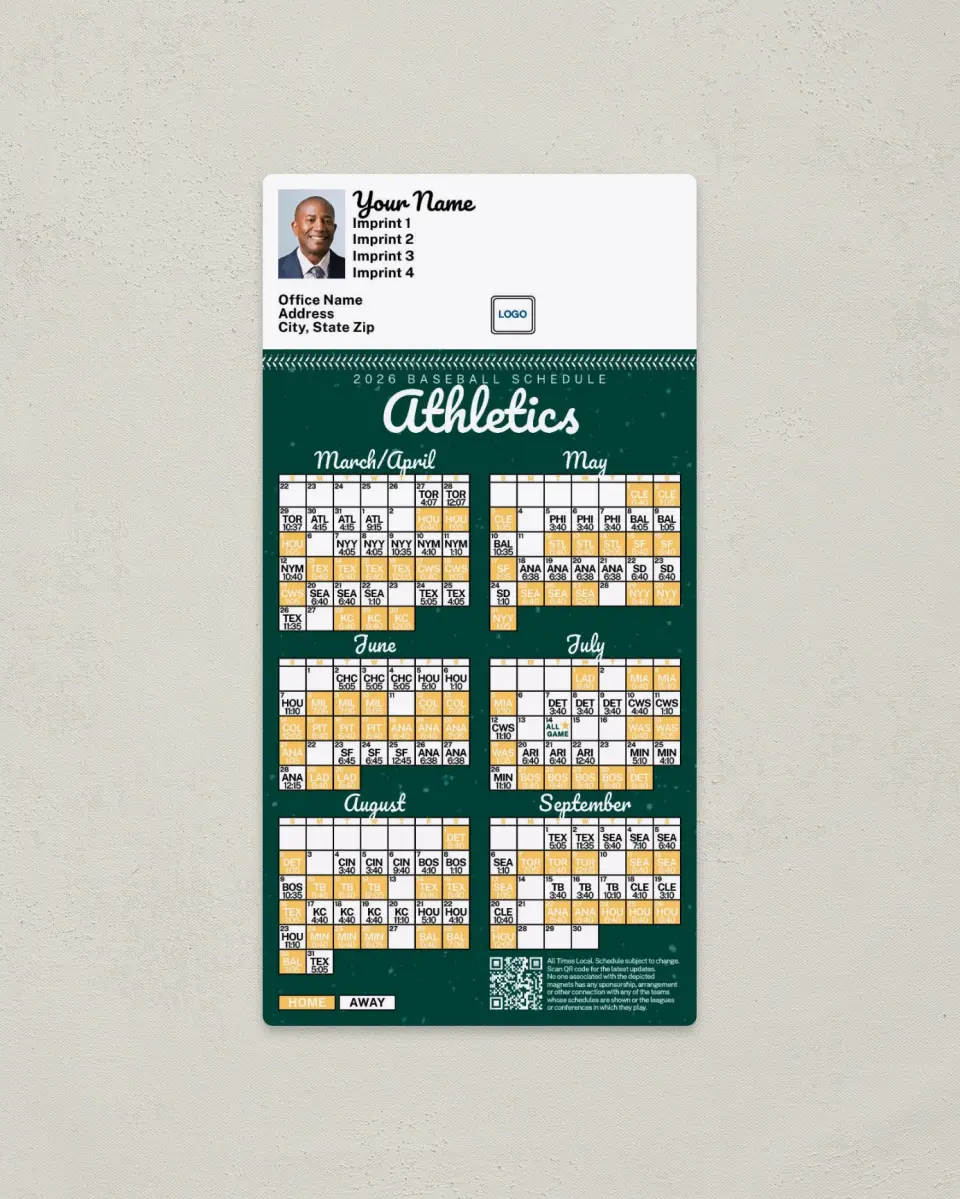 This is a 7" x 3½" Baseball Schedule Magnet called Athletics printed in full color