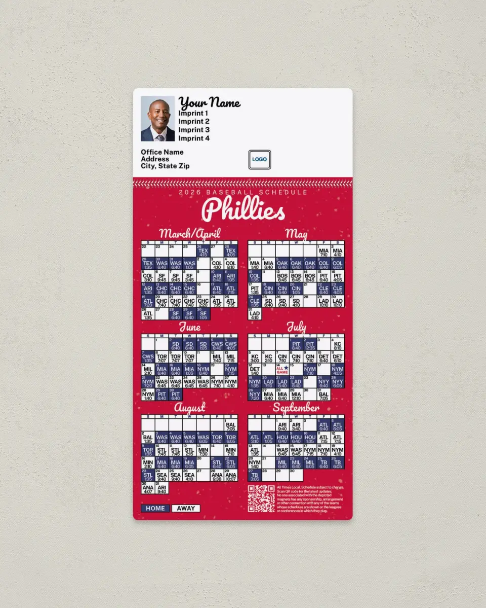 This is a 7" x 3½" Baseball Schedule Magnet called Phillies printed in full color