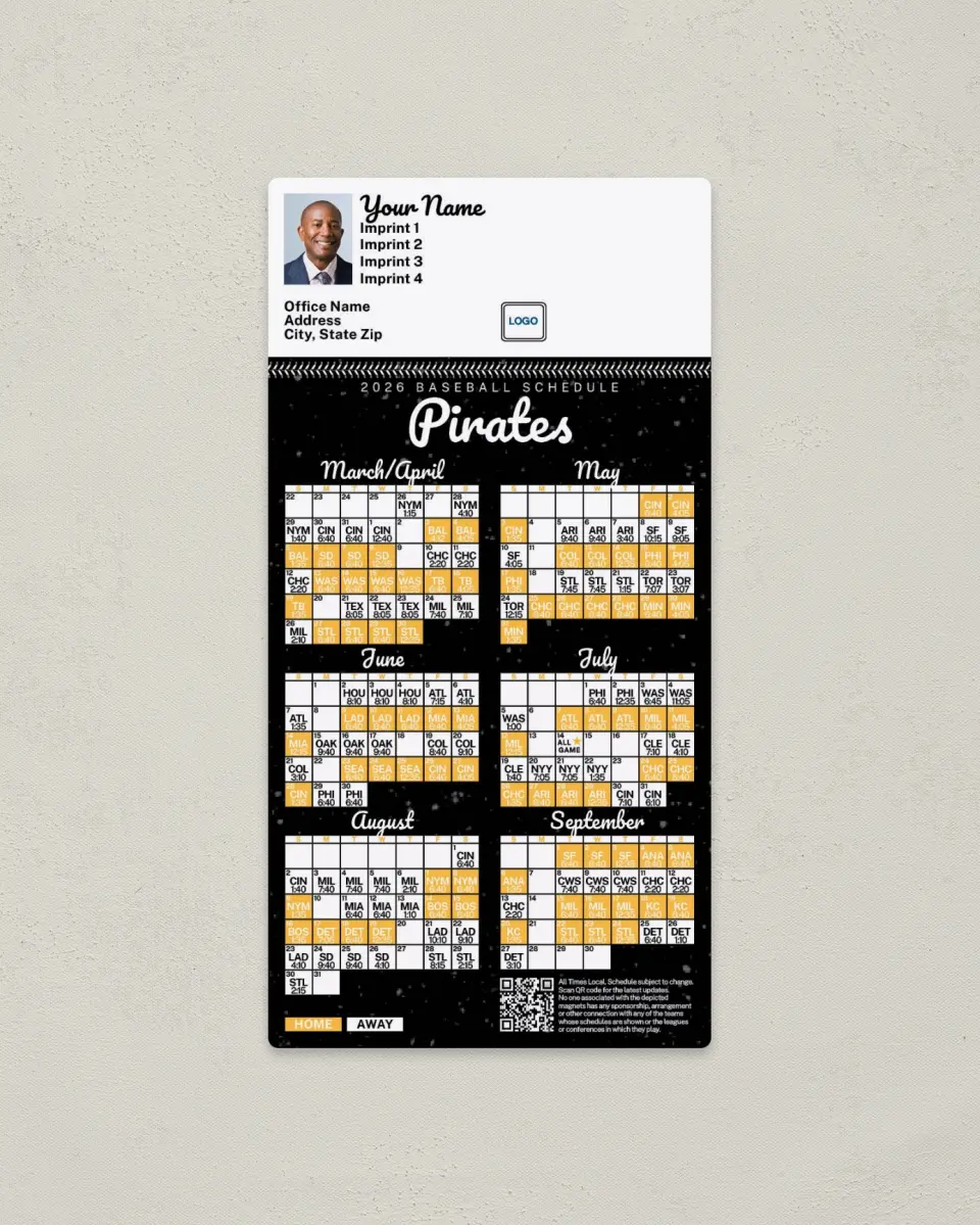 This is a 7" x 3½" Baseball Schedule Magnet called Pirates printed in full color