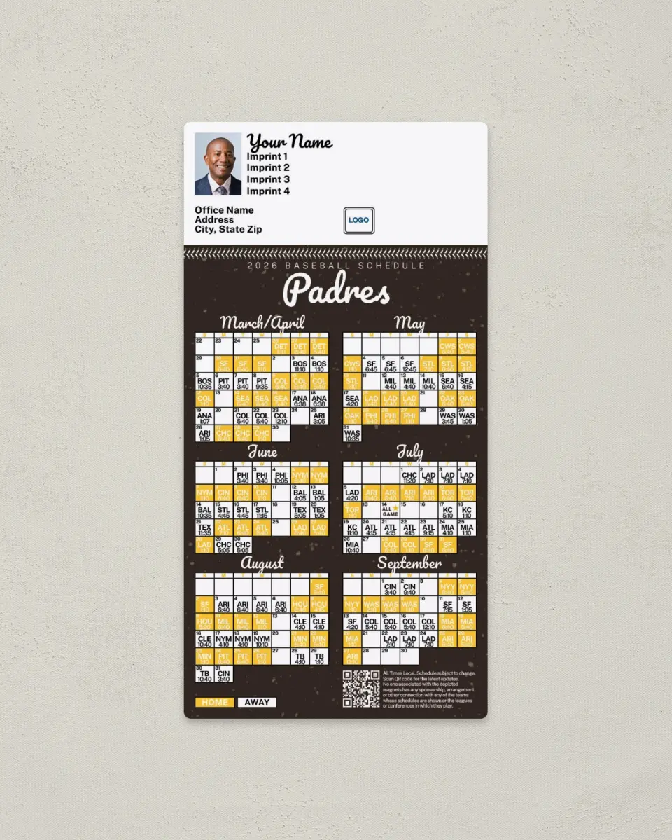 This is a 7" x 3½" Baseball Schedule Magnet called Padres printed in full color