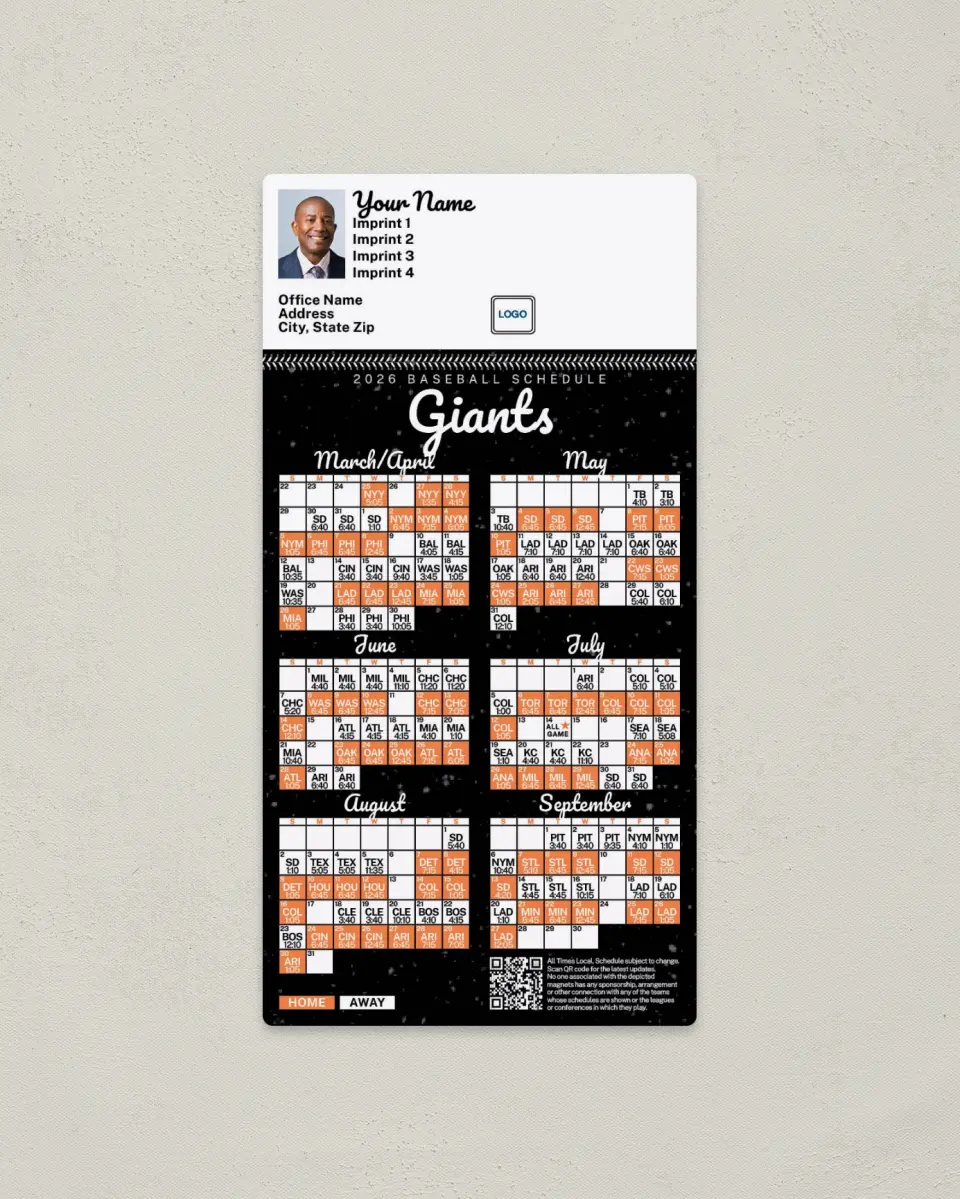 This is a 7" x 3½" Baseball Schedule Magnet called Giants printed in full color