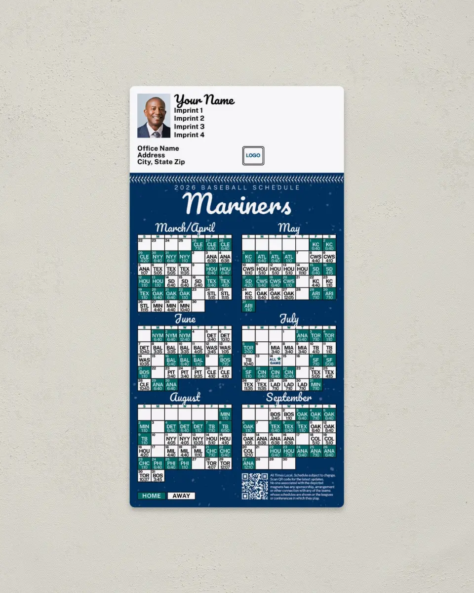 This is a 7" x 3½" Baseball Schedule Magnet called Mariners printed in full color