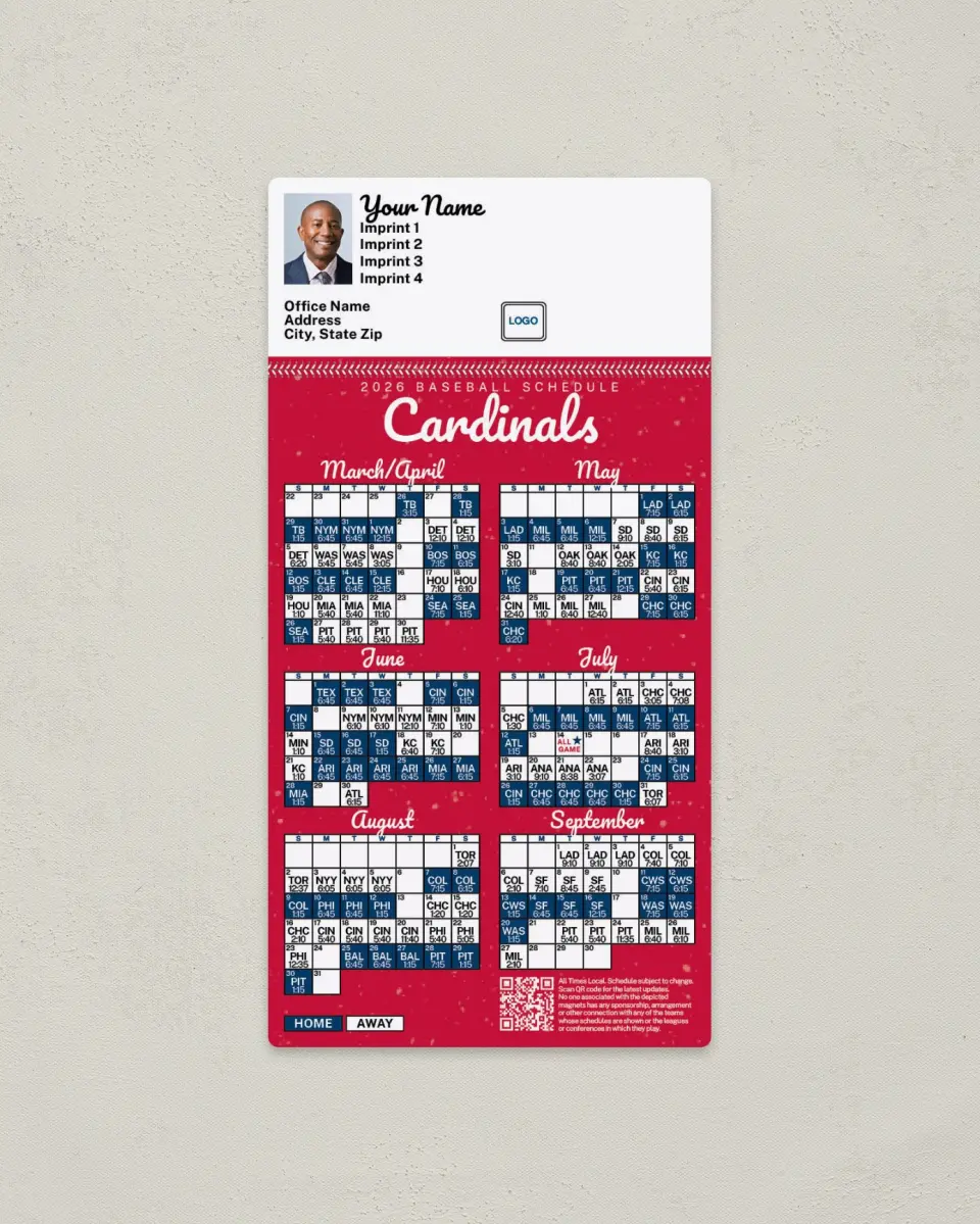 This is a 7" x 3½" Baseball Schedule Magnet called Cardinals printed in full color