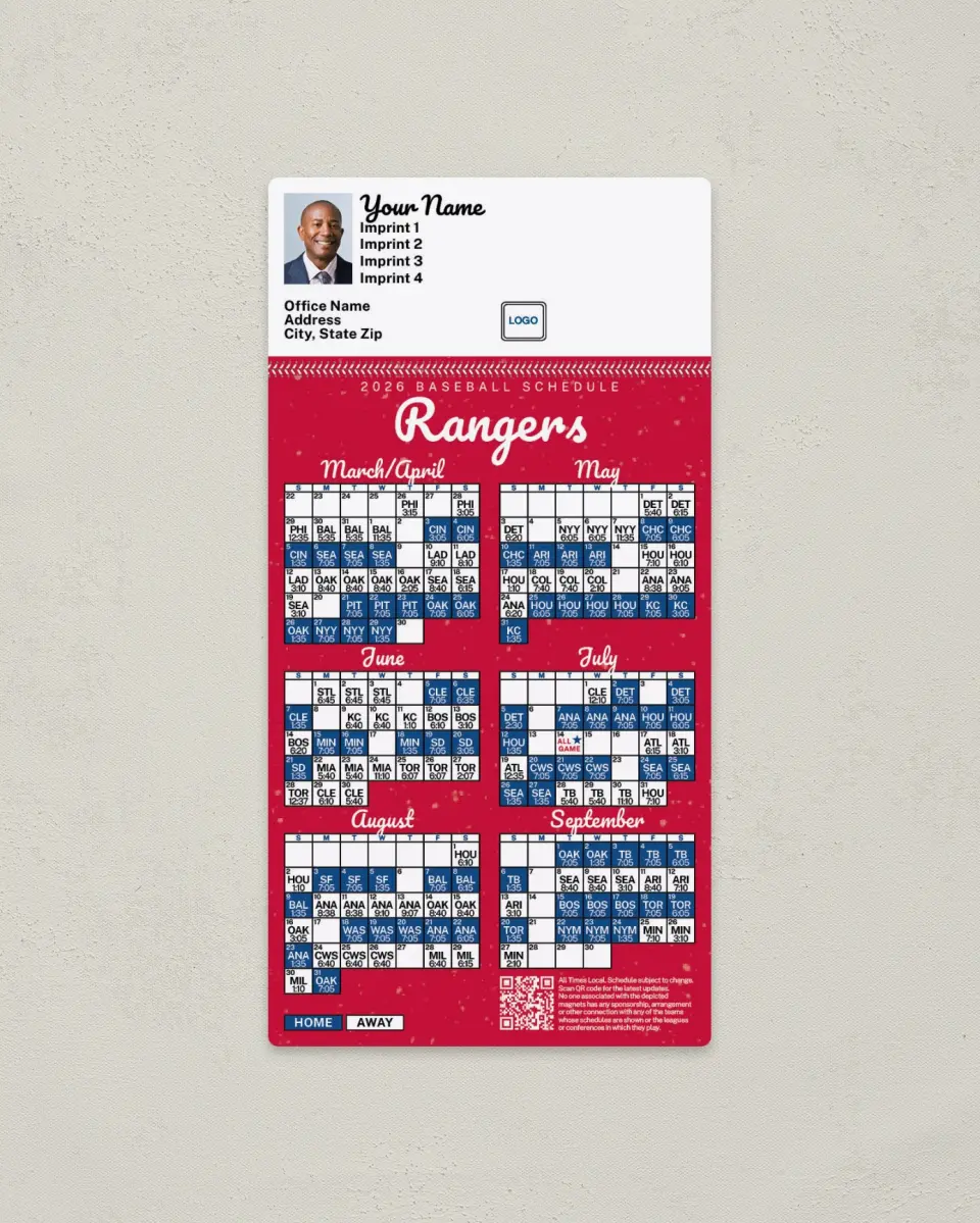 This is a 7" x 3½" Baseball Schedule Magnet called Rangers printed in full color