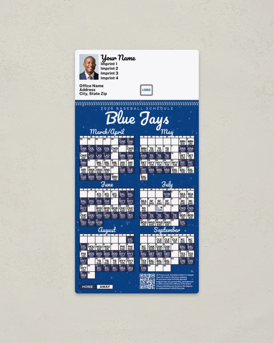This is a 7" x 3½" Baseball Schedule Magnet called Blue Jays printed in full color