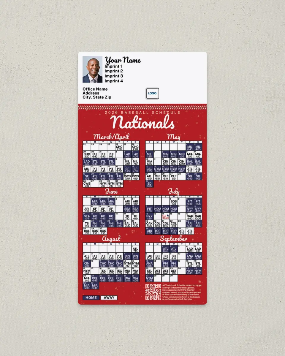 This is a 7" x 3½" Baseball Schedule Magnet called Nationals printed in full color