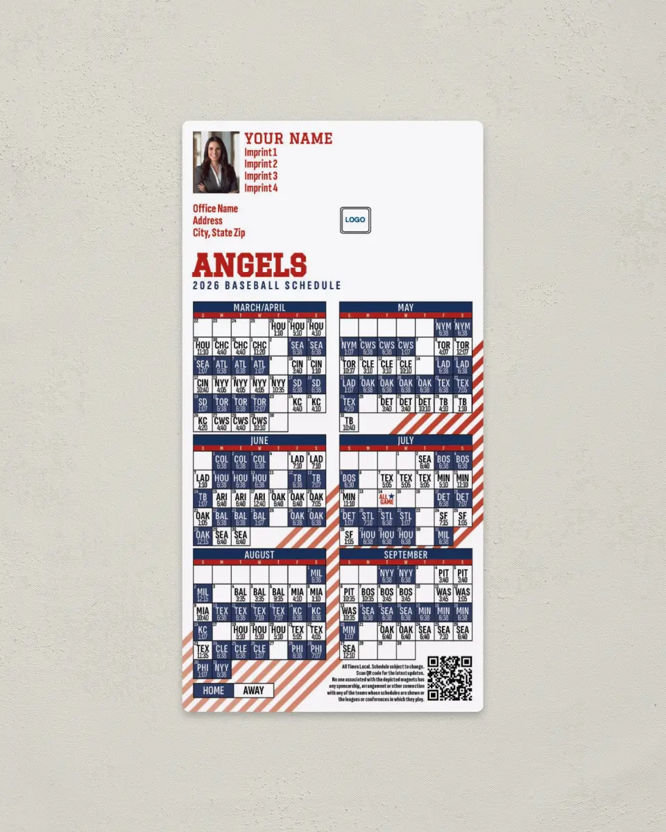 This is a 7" x 3½" Baseball Schedule Magnet called Angels printed in full color