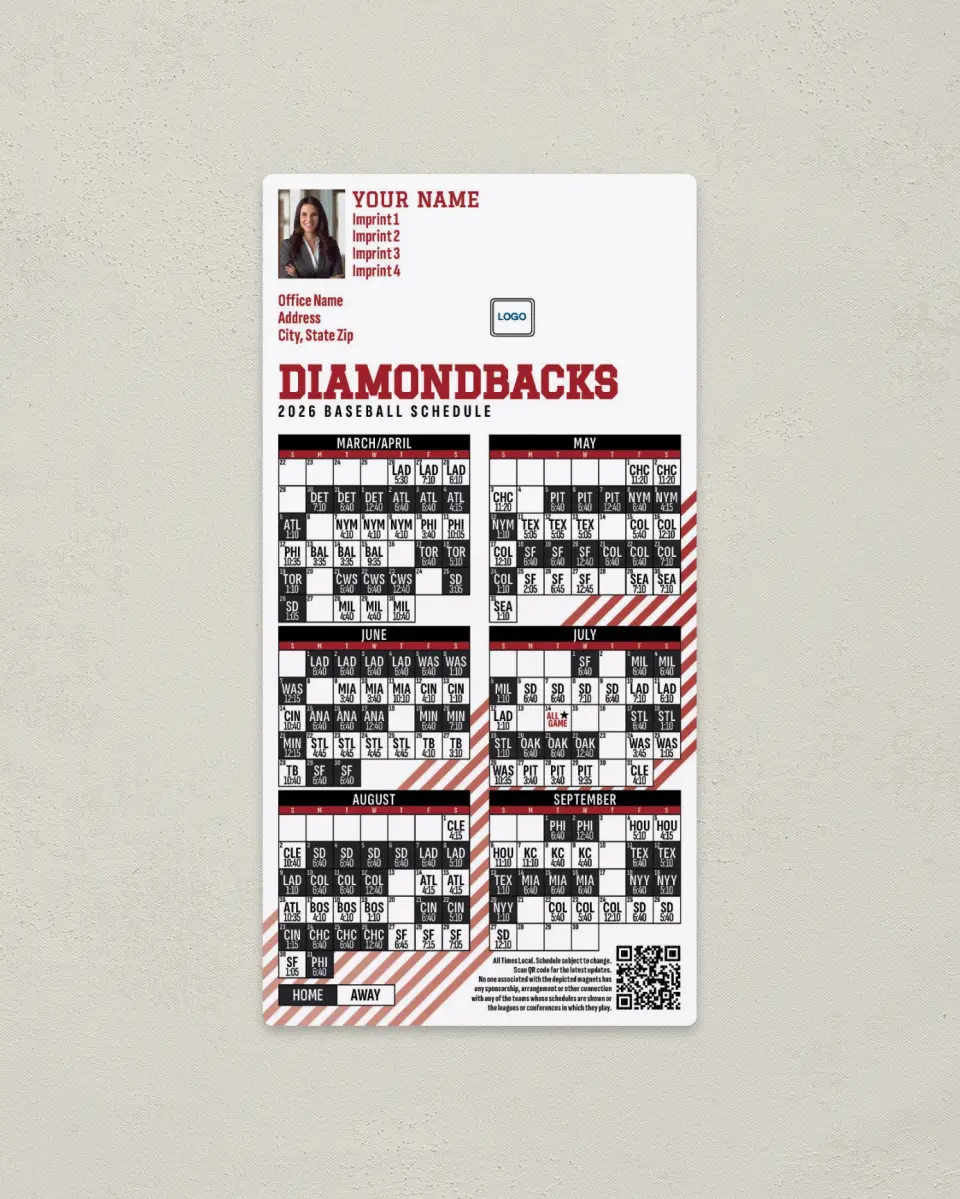 This is a 7" x 3½" Baseball Schedule Magnet called Diamondbacks printed in full color