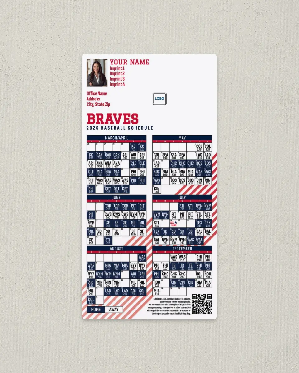 This is a 7" x 3½" Baseball Schedule Magnet called Braves printed in full color